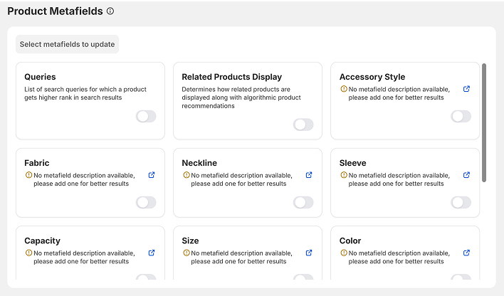 Interface showing metafield selection options
