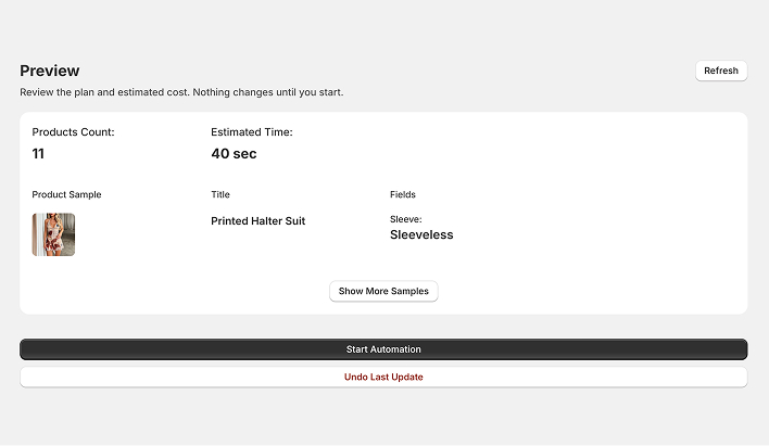Preview screen for generated metafields